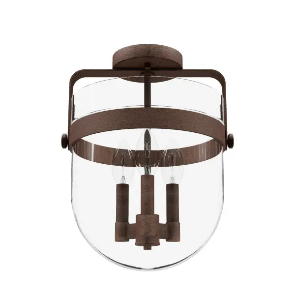 The Karloff brings rustic farmhouse charm to compact spaces with its textured rust finish and bell-shaped clear glass shades. At just under 12 inches wide, it's perfectly sized for foyers, hallways, and utility rooms where ceiling clearance is limited.