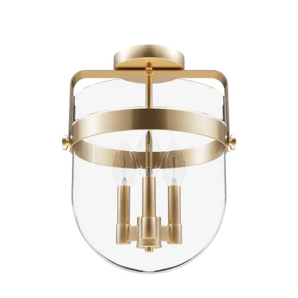 This light brings a fresh look to any room. Laundry is even made more delightful under the glow of the Karloff semi-flush mount light fixture. The metal accents suspend the bell-shaped glass which provides clear, beautiful lighting and creates an inviting feeling in every space. Get all the fixtures from the Karloff collection and your home will shine with all the bells and whistles. Rated for indoor use only Requires 3 E12 bulbs. Bulbs not included. MADE FOR INDOORS: For use in indoor spaces like kitchens, bedrooms, living rooms, dining rooms, and entryways. BULB RECOMMENDATION: Maximum W per light bulb or equivalent LED bulb. Bulbs not included. PICTURED HERE: Match our image using B10 Candle light bulbs. FOR LOW CEILINGS: Fits close to the ceiling to optimize headspace and provide stylish lighting. WARRANTY: One-year limited warranty backed by the trusted experts at Hunter. - alternate view