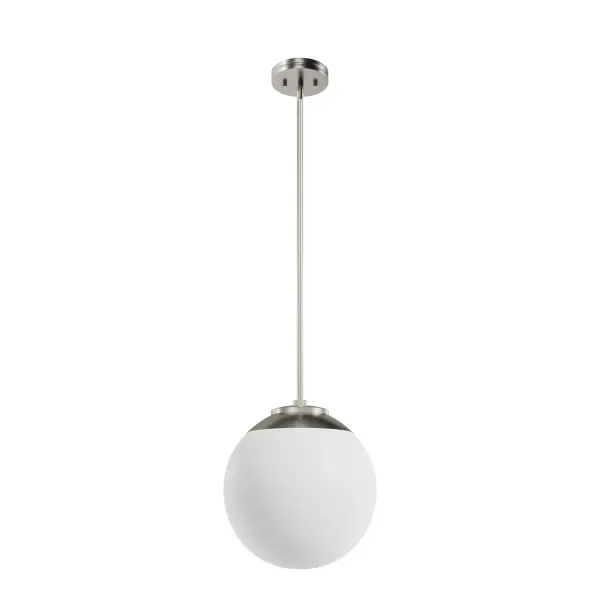 The white-cased glass orb of the Hepburn pendant will wow your guests in your foyer or dining space. The artful simplicity of the deco style of this light fixture is an elegant fit for any room. The addition of new finishes to choose from adds a modern edge to this classic style. This light is perfect for mixing and matching with lights from our other collection or simply adding others from the Hepburn collection for a cohesive design. Rated for indoor use only Requires 1 E26 bulbs. Bulbs not included. MADE FOR INDOORS: For use in indoor spaces like kitchens, bedrooms, living rooms, dining rooms, and entryways. BULB RECOMMENDATION: Maximum W per light bulb or equivalent LED bulb. Bulbs not included. CUSTOMIZABLE HANGING OPTIONS: With the minimum required downrod, the hanging length is inches. When using all of the included downrod, the maximum hanging length is inches. WARRANTY: One-year limited warranty backed by the trusted experts at Hunter.