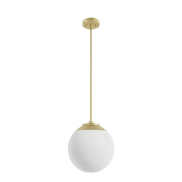 The white-cased glass orb of the Hepburn pendant will wow your guests in your foyer or dining space. The artful simplicity of the deco style of this light fixture is an elegant fit for any room. The addition of new finishes to choose from adds a modern edge to this classic style. This light is perfect for mixing and matching with lights from our other collection or simply adding others from the Hepburn collection for a cohesive design. Rated for indoor use only Requires 1 E26 bulbs. Bulbs not included. MADE FOR INDOORS: For use in indoor spaces like kitchens, bedrooms, living rooms, dining rooms, and entryways. BULB RECOMMENDATION: Maximum W per light bulb or equivalent LED bulb. Bulbs not included. CUSTOMIZABLE HANGING OPTIONS: With the minimum required downrod, the hanging length is inches. When using all of the included downrod, the maximum hanging length is inches. WARRANTY: One-year limited warranty backed by the trusted experts at Hunter. - alternate view