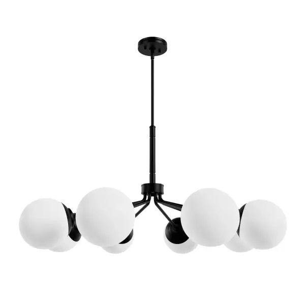 Your style is full-on glam, and you like pieces that reflect it. The Hepburn chandelier is the perfect light for you. This light is stunning with a design inspired by the glamour of old Hollywood! Eight orbs of cased-white glass will cast a flattering glow in your living room. This light offers brilliant illumination to every gathering. Add other lights from the collection for a glam look throughout. Rated for indoor use only Requires 8 E26 bulbs. Bulbs not included. MADE FOR INDOORS: For use in indoor spaces like kitchens, bedrooms, living rooms, dining rooms, and entryways. BULB RECOMMENDATION: Maximum W per light bulb or equivalent LED bulb. Bulbs not included. CUSTOMIZABLE HANGING OPTIONS: With the minimum required downrod, the hanging length is inches. When using all of the included downrod, the maximum hanging length is inches. WARRANTY: One-year limited warranty backed by the trusted experts at Hunter.