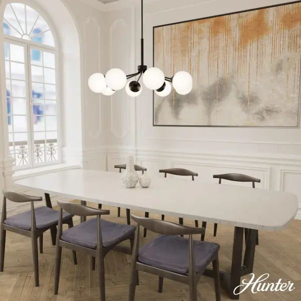The Hepburn chandelier brings old Hollywood glamour to modern spaces with eight cased-white glass orbs and a sophisticated matte black finish. Its generous 40-inch width makes it ideal for larger dining rooms and living spaces. - alternate view