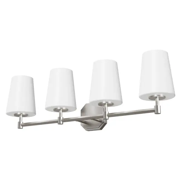 The Nolita vanity light delivers refined glamour with its brushed nickel finish and cased white glass shades. Perfect for powder rooms and bathrooms seeking a sophisticated, transitional aesthetic that bridges traditional and contemporary design.