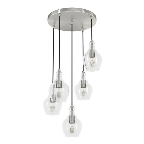 Hunter's Maple Park round cluster is a brilliant addition to any foyer, atrium, or dining room. Individual domes in clear glass cascade down from the fixture's flush mount base, creating a rippled radiance that warms the room. Merging modern design with casual comfort, the Maple Park is a thoughtful nod to the new traditional style. Mix and match with other fixtures from this collection or from our ceiling fan designs. Rated for indoor use only Requires 5 E26 bulbs. Bulbs not included. MADE FOR INDOORS: For use in indoor spaces like kitchens, bedrooms, living rooms, dining rooms, and entryways. BULB RECOMMENDATION: Maximum W per light bulb or equivalent LED bulb. Bulbs not included. PICTURED HERE: Match our image using A19 Standard light bulbs. WARRANTY: One-year limited warranty backed by the trusted experts at Hunter.