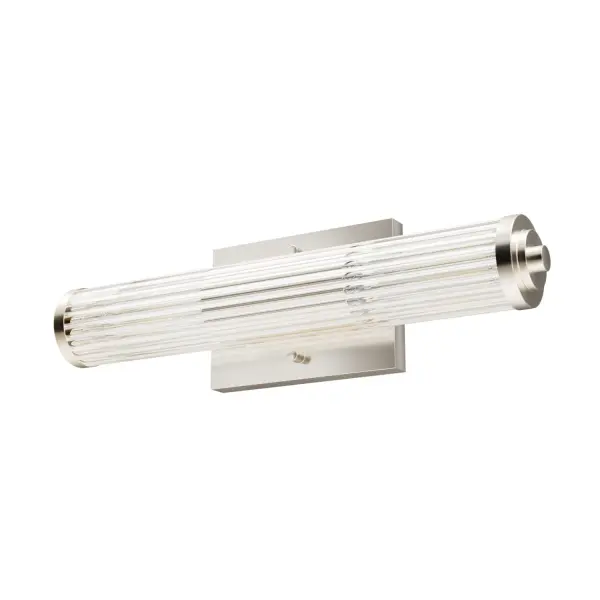 The Holly Grove vanity light features a distinctive rolled scroll shade design with metal band accents that blend art deco elegance with contemporary style. Its compact 18-inch width and warm gold finish make it ideal for bathrooms while versatile enough for accent lighting throughout the home.