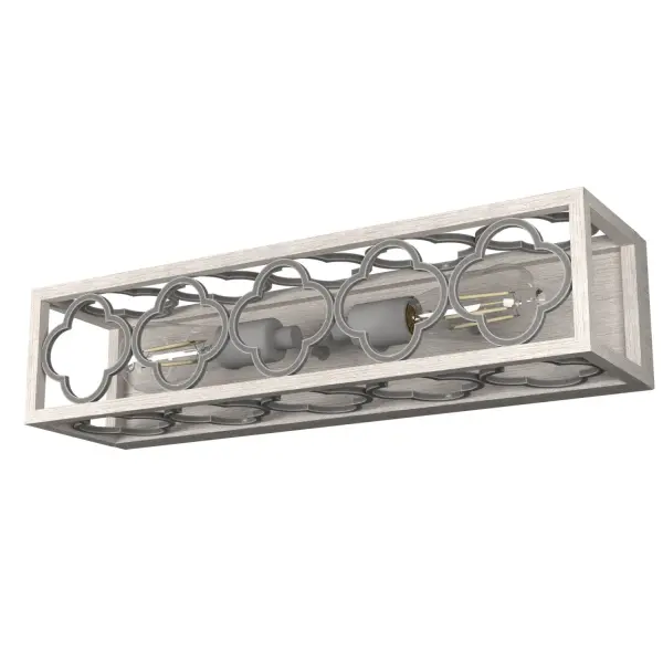 The quatrefoil design of the Gablecrest wall sconce will update your space with style and fill it full of shine. The distressed finish and European influences work with French country or Farmhouse chic. Add charm to all of your rooms with other fixtures from our Gablecrest collection. Mix and match with fans from our ceiling fan collections to fully finish your space. Rated for indoor spaces exposed to humidity Requires 2 E26 bulbs. Bulbs not included. Mounts Up, Down, or Horizontal INDOOR-DAMP RATED: For use in indoor spaces exposed to humidity like bathrooms and laundry rooms. BULB RECOMMENDATION: Maximum 60 W per light bulb or equivalent LED bulb. Bulbs not included. PICTURED HERE: Match our image using ST64 Edison light bulbs. WARRANTY: One-year limited warranty backed by the trusted experts at Hunter.