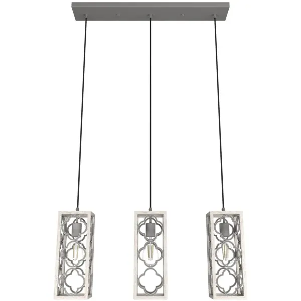 Dress up your dining room with the Gablecrest three-light linear cluster. Make dinner feel formal and cozy at the same time with the European charm of the quatrefoil design that creates a beautiful reflected design. It's the conversation starter you need in your space. Mix and match with fans from our ceiling fan collections to fully finish your space. Rated for indoor use only Requires 3 E26 bulbs. Bulbs not included. MADE FOR INDOORS: For use in indoor spaces like kitchens, bedrooms, living rooms, dining rooms, and entryways. BULB RECOMMENDATION: Maximum 60 W per light bulb or equivalent LED bulb. Bulbs not included. PICTURED HERE: Match our image using ST64 Edison light bulbs. CUSTOMIZABLE HANGING OPTIONS: With the minimum required cord, the hanging length is 16 inches. When using all of the included cord, the maximum hanging length is 130 inches. WARRANTY: One-year limited warranty backed by the trusted experts at Hunter.