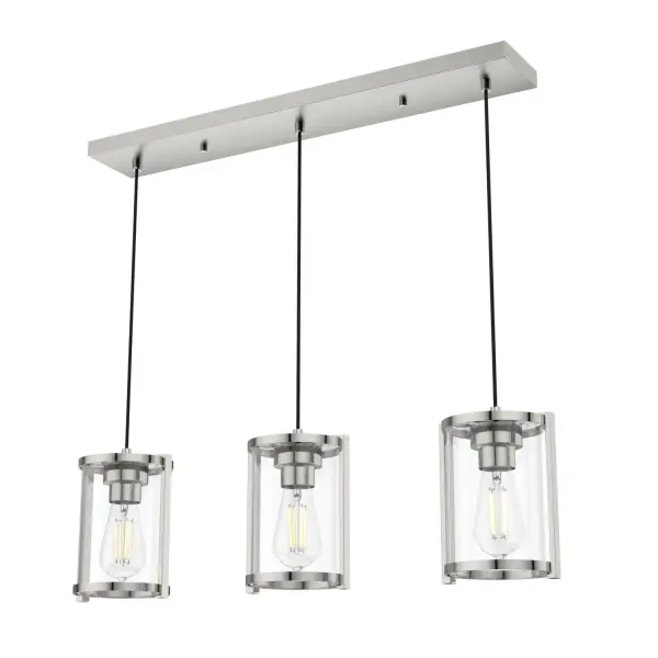 Create a look that's uniquely yours. Vary the heights of the Astwood linear cluster pendant lights based on your space's needs. The simple, rounded caged design on the pendant lighting is at home in transitional and farmhouse-style spaces. Pair this modern caged cluster pendant lighting with other fixtures from our best-selling Astwood Collection for a cohesive look in your home. Rated for indoor use only Requires 3 E26 bulbs. Bulbs not included. MADE FOR INDOORS: For use in indoor spaces like kitchens, bedrooms, living rooms, dining rooms, and entryways. BULB RECOMMENDATION: Maximum 60 W per light bulb or equivalent LED bulb. Bulbs not included. PICTURED HERE: Match our image using ST64 Edison light bulbs. CUSTOMIZABLE HANGING OPTIONS: With the minimum required cord, the hanging length is 16 inches. When using all of the included cord, the maximum hanging length is 130 inches. COORDINATING COLLECTION: Works with Astwood ceiling fan collection WARRANTY: One-year limited warranty backed by the trusted experts at Hunter.