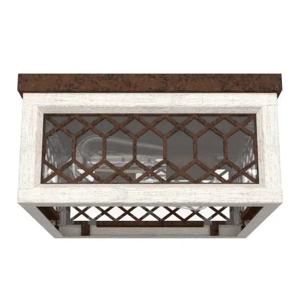 Subtle latticework detailing brings the eye-catching Chevron flush mount this fixture to your foyer to life with its beautiful reflective light. With its wood-inspired frame encasing glass with metal design, this fixture is perfect for any traditional or contemporary space. Pair with other lighting from the Chevron collection to add cohesive charm throughout your home and refresh your home decor. Rated for indoor use only Requires 2 E26 bulbs. Bulbs not included. MADE FOR INDOORS: For use in indoor spaces like kitchens, bedrooms, living rooms, dining rooms, and entryways. BULB RECOMMENDATION: Maximum 60 W per light bulb or equivalent LED bulb. Bulbs not included. PICTURED HERE: Match our image using ST64 Edison light bulbs. FOR LOW CEILINGS: Fits close to the ceiling to optimize headspace and provide stylish lighting. WARRANTY: One-year limited warranty backed by the trusted experts at Hunter.