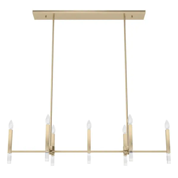 Gathering under the glow of the Sunjai linear chandelier will turn your dinner into a party. Laugh and dine under this beautiful modern fixture perfect for kitchens and dining rooms. This chandelier is modern and meets glamourous with geometric adornments set into the clean-lined metal candles to add a touch of sparkle that will compliment any decor. Mix and match with other fixtures from this collection or from our ceiling fan designs. Rated for indoor use only Requires 7 E12 bulbs. Bulbs not included. MADE FOR INDOORS: For use in indoor spaces like kitchens, bedrooms, living rooms, dining rooms, and entryways. BULB RECOMMENDATION: Maximum W per light bulb or equivalent LED bulb. Bulbs not included. PICTURED HERE: Match our image using B10 Candle light bulbs. CUSTOMIZABLE HANGING OPTIONS: With the minimum required downrod, the hanging length is 18 inches. When using all of the included downrod, the maximum hanging length is 60 inches. WARRANTY: One-year limited warranty backed by the trusted experts at Hunter.