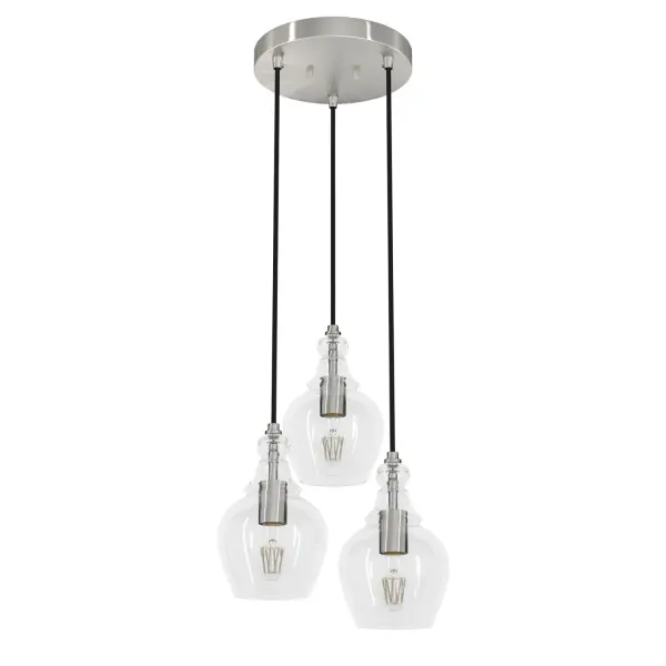 Good things often come in threes—like the Maple Park round cluster, featuring a trio of clear domes. Perfect in your breakfast nook or any intimate kitchen space, Maple Park bridges modern style with casual comfort. Staggered lights add an air of elevation while the fixture's smooth curves reflect a warming glow. Mix and match with other fixtures from this collection or from our ceiling fan designs. Rated for indoor use only Requires 3 E26 bulbs. Bulbs not included. MADE FOR INDOORS: For use in indoor spaces like kitchens, bedrooms, living rooms, dining rooms, and entryways. BULB RECOMMENDATION: Maximum W per light bulb or equivalent LED bulb. Bulbs not included. PICTURED HERE: Match our image using A19 Standard light bulbs. WARRANTY: One-year limited warranty backed by the trusted experts at Hunter.