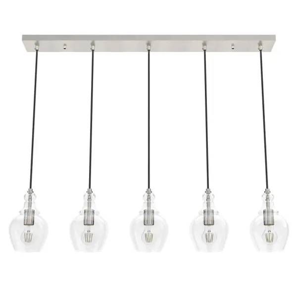 Illuminate your island or keep dinner conversations lit with the Maple Park linear cluster. Designed to evoke a farmhouse feel while seamlessly complementing a more modern aesthetic, this Maple Park fixture features five teardrop lights that bring the warmth closer to the action. Use vintage bulbs to round out the collection's nod to the new traditional style. Mix and match with other fixtures from this collection or from our ceiling fan designs. Rated for indoor use only Requires 5 E26 bulbs. Bulbs not included. MADE FOR INDOORS: For use in indoor spaces like kitchens, bedrooms, living rooms, dining rooms, and entryways. BULB RECOMMENDATION: Maximum W per light bulb or equivalent LED bulb. Bulbs not included. PICTURED HERE: Match our image using A19 Standard light bulbs. WARRANTY: One-year limited warranty backed by the trusted experts at Hunter.