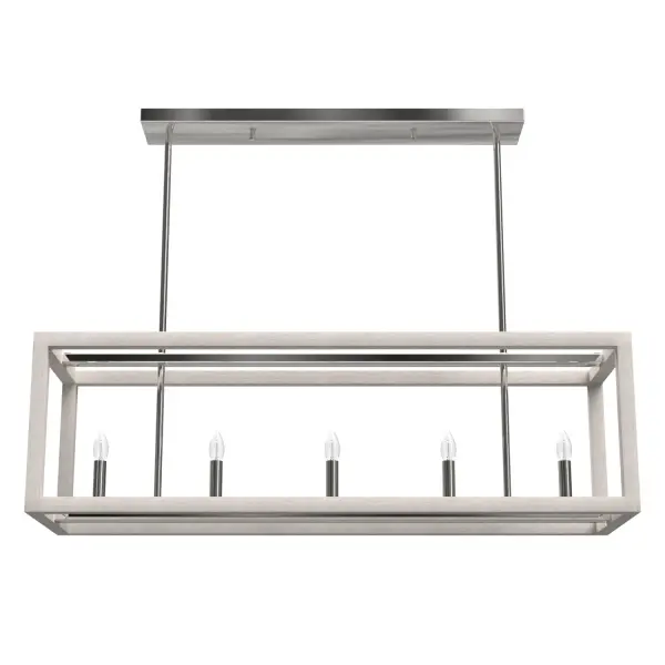 The openness of the Squire Manor linear chandelier coupled with the clean lines and wood-inspired texture gives it an airy and warm aesthetic. With a simple form and subtle wood grain detailing, this lantern-inspired light feels at home in any setting, from farmhouse to Mid-Century modern. Rated for indoor use only Requires 5 E12 bulbs. Bulbs not included. MADE FOR INDOORS: For use in indoor spaces like kitchens, bedrooms, living rooms, dining rooms, and entryways. BULB RECOMMENDATION: Maximum 60 W per light bulb or equivalent LED bulb. Bulbs not included. PICTURED HERE: Match our image using B10 Candle light bulbs. CUSTOMIZABLE HANGING OPTIONS: With the minimum required downrod, the hanging length is 19.25 inches. When using all of the included downrod, the maximum hanging length is 67.25 inches. WARRANTY: One-year limited warranty backed by the trusted experts at Hunter.