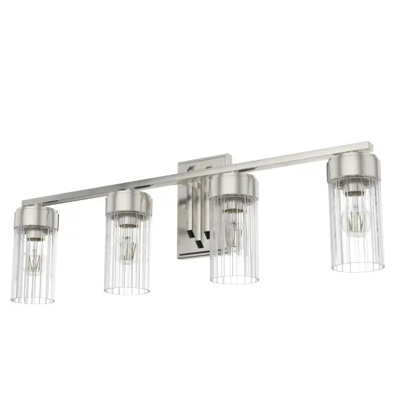 The Gatz vanity light brings Great Gatsby-era glamour to modern bathrooms with its striking matte black finish and clear fluted glass shades. The 31.5-inch width makes it ideal for double vanities, while the damp rating ensures reliable performance in humid environments.