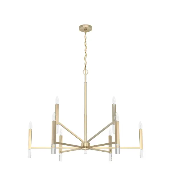 Uplift your home's lighting aesthetic with the Sunjai tiered chandelier, featuring nine individual lights that evoke the classic glow of a candelabra, with a modern edge. The Sunjai's casual geometry is offset by elegant shimmering adornments at the base of each light and the fixture's overarching clean, modern design, adding a touch of glam. Brighten up gatherings with the Sunjai tiered chandelier. Rated for indoor use only Requires 9 E12 bulbs. Bulbs not included. Formal Modern Down Mount Only MADE FOR INDOORS: For use in indoor spaces like kitchens, bedrooms, living rooms, dining rooms, and entryways. BULB RECOMMENDATION: Maximum 60 W per light bulb or equivalent LED bulb. Bulbs not included. PICTURED HERE: Match our image using 9 B10 Candle light bulbs. CUSTOMIZABLE HANGING OPTIONS: With the minimum required chain, the hanging length is 37 inches. When using all of the included chain, the maximum hanging length is 178.5 inches. MODERN: The clean lines of the modern style uses a monochromatic color palette the inspires with clean lines, minimalism, natural materials, and natural light. WARRANTY: One-year limited warranty backed by the trusted experts at Hunter.
