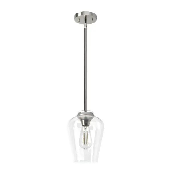 Big things come in small packages, like the Vidria mini pendant light. The modern pendant light touts a simple, vase-shaped glass that has the appearance of floating above the bulb. Its organic modern shape complements yet serves as the centerpiece in minimalist spaces. It's no wonder it's become a favorite among homeowners. Mix and match with other fixtures from this collection or from our ceiling fan designs. Rated for indoor use only Requires 1 E26 bulbs. Bulbs not included. MADE FOR INDOORS: For use in indoor spaces like kitchens, bedrooms, living rooms, dining rooms, and entryways. BULB RECOMMENDATION: Maximum 60 W per light bulb or equivalent LED bulb. Bulbs not included. PICTURED HERE: Match our image using ST64 Edison light bulbs. CUSTOMIZABLE HANGING OPTIONS: With the minimum required downrod, the hanging length is 18.25 inches. When using all of the included downrod, the maximum hanging length is 66.25 inches. WARRANTY: One-year limited warranty backed by the trusted experts at Hunter.