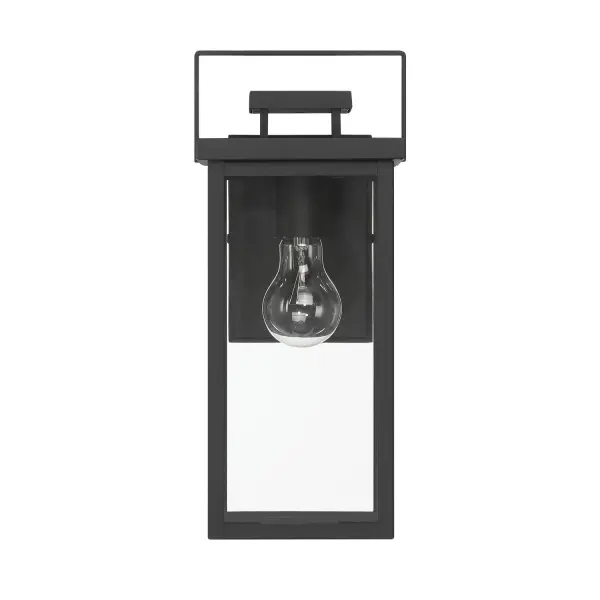 Turn up the style on your exterior with the Timbergrove Outdoor Wall Light. This transitional fixture blends clean, modern lines with a warm, inviting feel that works with both contemporary and classic spaces. The sleek black finish and rectangular frame add depth and structure, while the open showcase-style design lets your decorative bulb shine through. At 14 inches, it's the ideal size for porches, patios, or garage doors—bringing ambient charm and architectural presence to your home's outdoor lighting setup. Rated for outdoor use. Down Mount Only TRANSITIONAL: Light, relaxed, elegant. Clean rectangular frame enhances modern lines ALUMINUM CONSTRUCTION: Crafted from corrosion-resistant aluminum with stainless steel hardware, this fixture is built to withstand the elements while maintaining its stylish finish—perfect for reliable, long-term outdoor use. BULB RECOMMENDATION: Maximum 60W per light bulb or equivalent LED bulb. Bulbs not included. TRANSITIONAL: The transitional style celebrates natural light and a relaxed feel with smooth, blended details that create warm yet modern spaces with the best of both worlds; elegant, minimal and adaptable. RECTANGULAR FRAME: The clean, structured silhouette of the rectangular design brings a crisp, modern edge to your exterior lighting. ARCHITECTURAL CAP DETAIL: A refined cap detail adds depth and dimension, elevating the fixture's overall design with subtle craftsmanship. SHOWCASE STYLE: Designed with an open frame, this fixture puts your decorative bulb on full display—adding character and ambient charm to any space. DIMENSIONS: Measures 14.25" tall by 6.25" wide, and extending 7.75" from the wall —perfectly scaled for porches, patios, or entryways. WARRANTY: One-year limited warranty backed by the trusted experts at Hunter.