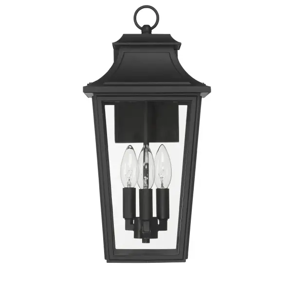 Make a bold statement with the Spring Cove Outdoor 3 Light Large Wall Light in Black. Showcasing a traditional design with rich textures and timeless charm, this fixture enhances your home's exterior with classic elegance. Built for the elements, it's wet-rated to withstand rain, snow, and humidity without compromise. The high-quality aluminum construction ensures lasting durability and a refined finish season after season. With three lights for maximum illumination, it's ideal for brightening expansive entryways, patios, or outdoor entertaining areas—bringing beauty, security, and lasting performance to your space. Rated for indoor or outdoor use. Requires 3 E12 bulbs (not included). Down Mount Only TRADITIONAL: History, glamour, layering. WET-RATED: For use in outdoor spaces exposed to extreme weather elements. BULB RECOMMENDATION: Maximum 60 W per light bulb or equivalent LED bulb. Bulbs not included. TRADITIONAL: Layering color and texture, traditional design brings a sense of history and glamour to a space. ALUMINUM CONSTRUCTION: Crafted from high-quality aluminum, this fixture is built to withstand the elements while maintaining its stylish finish—perfect for reliable, long-term outdoor use. BUILT TO LAST: Constructed with corrosion-resistant aluminum and stainless steel hardware for enhanced strength, durability, and performance in harsh outdoor environments. DIMENSIONS: Measures 16.5" tall by 8" wide, extending 9.5" from the wall—perfectly scaled for porches, patios, or entryways. WARRANTY: One-year limited warranty backed by the trusted experts at Hunter.