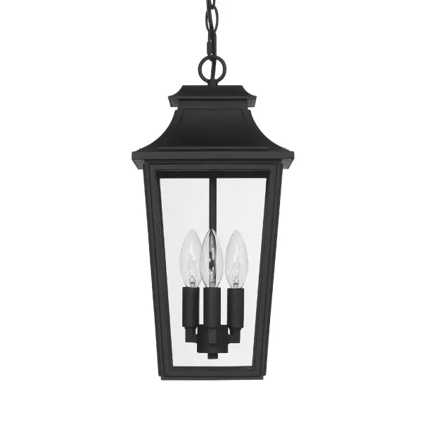 The Spring Cove Outdoor 3 Light Large Wall Light in Black brings timeless style and dependable performance to your exterior. Its traditional design layers color and texture, adding a sense of history and sophistication to your home. Damp-rated for use in covered outdoor areas, it's built to shine through humidity and occasional moisture. Crafted from premium aluminum, this fixture resists corrosion while maintaining its elegant finish. With three lights for ample illumination, it's perfect for highlighting large covered entryways, porches, or gathering spaces—offering beauty, security, and durability in one classic package. Damp-rated for covered outdoor spaces. Requires 3 E12 bulbs (not included). Down Mount Only TRADITIONAL: History, glamour, layering. DAMP-RATED: A great option for covered patios, screened porches, and other areas that are not directly exposed to rain, snow, water, or moisture. BULB RECOMMENDATION: Maximum 60 W per light bulb or equivalent LED bulb. Bulbs not included. TRADITIONAL: Layering color and texture, traditional design brings a sense of history and glamour to a space. ALUMINUM CONSTRUCTION: Crafted from high-quality aluminum, this fixture is built to withstand the elements while maintaining its stylish finish—perfect for reliable, long-term outdoor use. DIMENSIONS: Minimum overall height: 20 inches. Maximum overall height, when all included down rods are used: 82 inches. WARRANTY: One-year limited warranty backed by the trusted experts at Hunter. - alternate view