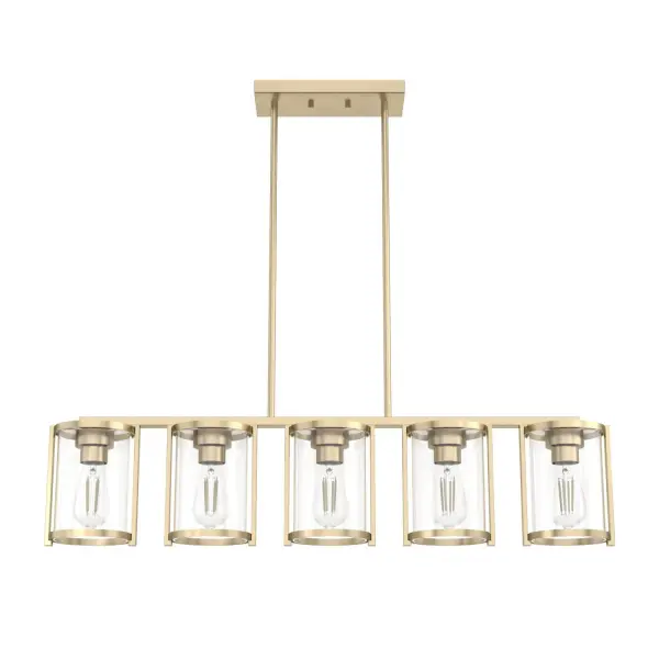 Evoking subtle art deco detailing, the Astwood linear chandelier offers an effortless and modern way to update the space in your room that needs a fresh shine. This caged modern chandelier touts a fuss-free design that has stunning simplicity, making it an easy way to elevate your room's design. mix and match with other fixtures from this collection or from our ceiling fan designs. Rated for indoor use only Requires 5 E26 bulbs. Bulbs not included. MADE FOR INDOORS: For use in indoor spaces like kitchens, bedrooms, living rooms, dining rooms, and entryways. BULB RECOMMENDATION: Maximum 60 W per light bulb or equivalent LED bulb. Bulbs not included. PICTURED HERE: Match our image using ST64 Edison light bulbs. CUSTOMIZABLE HANGING OPTIONS: With the minimum required downrod, the hanging length is 16 inches. When using all of the included downrod, the maximum hanging length is 64 inches. COORDINATING COLLECTION: Works with Astwood ceiling fan collection WARRANTY: One-year limited warranty backed by the trusted experts at Hunter.