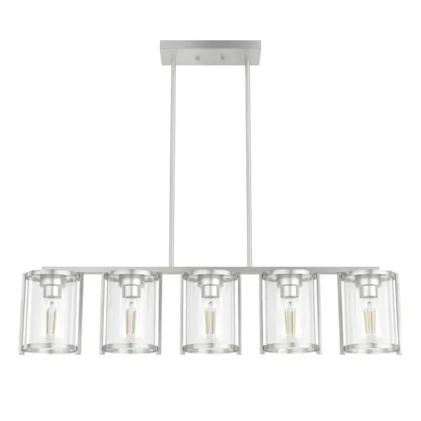 Evoking subtle art deco detailing, the Astwood linear chandelier offers an effortless and modern way to update the space in your room that needs a fresh shine. This caged modern chandelier touts a fuss-free design that has stunning simplicity, making it an easy way to elevate your room's design. mix and match with other fixtures from this collection or from our ceiling fan designs. Rated for indoor use only Requires 5 E26 bulbs. Bulbs not included. MADE FOR INDOORS: For use in indoor spaces like kitchens, bedrooms, living rooms, dining rooms, and entryways. BULB RECOMMENDATION: Maximum 60 W per light bulb or equivalent LED bulb. Bulbs not included. PICTURED HERE: Match our image using ST64 Edison light bulbs. CUSTOMIZABLE HANGING OPTIONS: With the minimum required downrod, the hanging length is 16 inches. When using all of the included downrod, the maximum hanging length is 64 inches. COORDINATING COLLECTION: Works with Astwood ceiling fan collection WARRANTY: One-year limited warranty backed by the trusted experts at Hunter. - alternate view