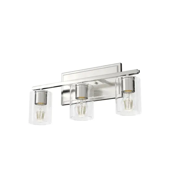 Keep your bathroom decor casual and cool with the Kerrison, combining the bold look of modern with the elegance of clear, seeded glass. Damp-rated for your home's more humid spaces, the Kerrison's understated geometry means this fixture can easily transition into any aesthetic. Warmth has never looked cooler with the Kerrison vanity. Mix and match with other fixtures from this collection or from our ceiling fan designs. Rated for indoor spaces exposed to humidity Requires 3 E26 bulbs. Bulbs not included. Mounts Up or Down INDOOR-DAMP RATED: For use in indoor spaces exposed to humidity like bathrooms and laundry rooms. BULB RECOMMENDATION: Maximum 60 W per light bulb or equivalent LED bulb. Bulbs not included. PICTURED HERE: Match our image using A19 Standard light bulbs. WARRANTY: One-year limited warranty backed by the trusted experts at Hunter. - alternate view