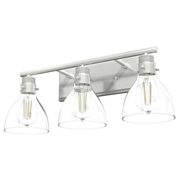 A timeless fixture with modern influences. The elegant Van Nuys vanity light is the perfect addition to spaces needing an ambient fixture, including bathrooms. With its classic yet simple design, this fixture seamlessly fits into both casual and glamorous spaces. Plus, a part of our Van Nuys collection, this vanity light pairs wonderfully with our fixtures. Mix and match with fans from our ceiling fan collections to fully finish your space. Rated for indoor spaces exposed to humidity Requires 3 E26 bulbs. Bulbs not included. Down Mount Only TRANSITIONAL: Light, relaxed, elegant. INDOOR-DAMP RATED: For use in indoor spaces exposed to humidity like bathrooms and laundry rooms. BULB RECOMMENDATION: Maximum 60 W per light bulb or equivalent LED bulb. Bulbs not included. PICTURED HERE: Match our image using ST64 Edison light bulbs. TRANSITIONAL: The transitional style celebrates natural light and a relaxed feel with smooth, blending details that create warm yet modern spaces with the best of both worlds; elegant, minimal and adaptable. WARRANTY: One-year limited warranty backed by the trusted experts at Hunter.
