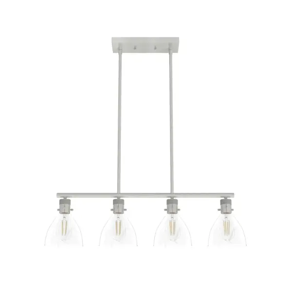 Embrace linear design. The unique shape of Van Nuys's 4-light linear fixture makes it a perfect addition to large spaces. With its vintage details and industrial design, this fixture fits wonderfully into a variety of styles – like modern farmhouse or transitional. Spotlight your home with this one-of-a-kind fixture. Rated for indoor use only Requires 4 E26 bulbs. Bulbs not included. MADE FOR INDOORS: For use in indoor spaces like kitchens, bedrooms, living rooms, dining rooms, and entryways. BULB RECOMMENDATION: Maximum 60 W per light bulb or equivalent LED bulb. Bulbs not included. PICTURED HERE: Match our image using ST64 Edison light bulbs. CUSTOMIZABLE HANGING OPTIONS: With the minimum required downrod, the hanging length is 15.75 inches. When using all of the included downrod, the maximum hanging length is 63.75 inches. WARRANTY: One-year limited warranty backed by the trusted experts at Hunter.