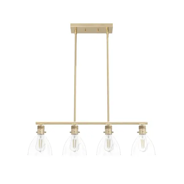 Embrace linear design. The unique shape of Van Nuys's 4-light linear fixture makes it a perfect addition to large spaces. With its vintage details and industrial design, this fixture fits wonderfully into a variety of styles – like modern farmhouse or transitional. Spotlight your home with this one-of-a-kind fixture. Rated for indoor use only Requires 4 E26 bulbs. Bulbs not included. MADE FOR INDOORS: For use in indoor spaces like kitchens, bedrooms, living rooms, dining rooms, and entryways. BULB RECOMMENDATION: Maximum 60 W per light bulb or equivalent LED bulb. Bulbs not included. PICTURED HERE: Match our image using ST64 Edison light bulbs. CUSTOMIZABLE HANGING OPTIONS: With the minimum required downrod, the hanging length is 15.75 inches. When using all of the included downrod, the maximum hanging length is 63.75 inches. WARRANTY: One-year limited warranty backed by the trusted experts at Hunter. - alternate view