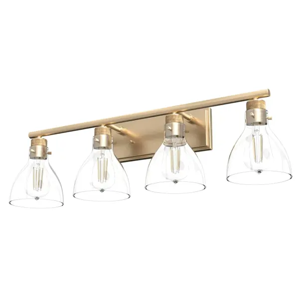 It's all in the details. The Van Nuys vanity fixture is packed with vintage-inspired details and industrial touches. This fixture's clean lines and unique style exemplify the power of artful design. With its crisp light shades and clean finishes, the Van Nuys elevates spaces and draws attention with its powerful illumination. Mix and match with other fixtures from this collection or from our ceiling fan designs. Rated for indoor spaces exposed to humidity Requires 4 E26 bulbs. Bulbs not included. Down Mount Only INDOOR-DAMP RATED: For use in indoor spaces exposed to humidity like bathrooms and laundry rooms. BULB RECOMMENDATION: Maximum W per light bulb or equivalent LED bulb. Bulbs not included. PICTURED HERE: Match our image using ST64 Edison light bulbs. WARRANTY: One-year limited warranty backed by the trusted experts at Hunter.