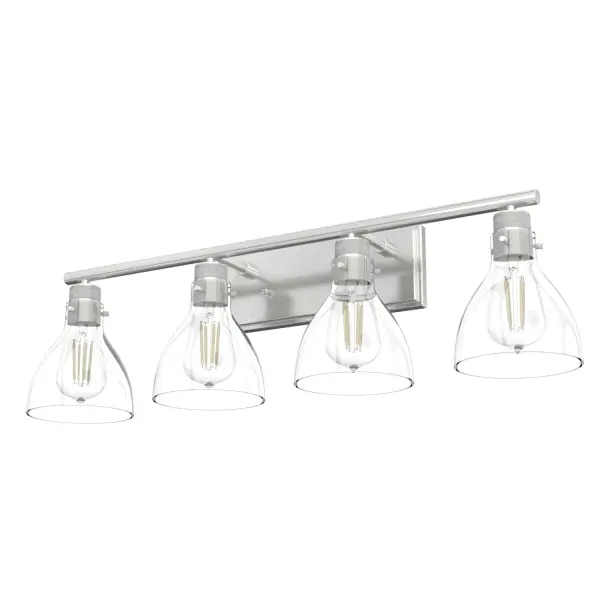 It's all in the details. The Van Nuys vanity fixture is packed with vintage-inspired details and industrial touches. This fixture's clean lines and unique style exemplify the power of artful design. With its crisp light shades and clean finishes, the Van Nuys elevates spaces and draws attention with its powerful illumination. Mix and match with other fixtures from this collection or from our ceiling fan designs. Rated for indoor spaces exposed to humidity Requires 4 E26 bulbs. Bulbs not included. Down Mount Only INDOOR-DAMP RATED: For use in indoor spaces exposed to humidity like bathrooms and laundry rooms. BULB RECOMMENDATION: Maximum W per light bulb or equivalent LED bulb. Bulbs not included. PICTURED HERE: Match our image using ST64 Edison light bulbs. WARRANTY: One-year limited warranty backed by the trusted experts at Hunter. - alternate view