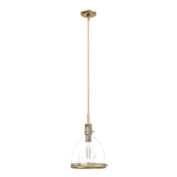The Van Nuys pendant combines industrial detailing with luxe metallic finishes for a sophisticated look. Its compact 10-inch size and clear glass shade make it ideal for multiples over islands or as accent lighting.