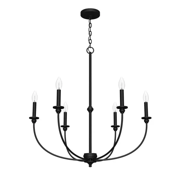 The Southcrest chandelier is an elegant accent piece that can brighten up any living or dining space. Classic design and cottage style converge in this candelabra-like chandelier with subtle curves and a vintage vibe. Available in flat matte black or distressed white, you can choose the fixture finish that perfectly complements your existing decor. Mix and match with other fixtures from this collection or from our ceiling fan designs. Rated for indoor use only Requires 6 E12 bulbs. Bulbs not included. CASUAL: Comfortable, inviting, laid-back. MADE FOR INDOORS: For use in indoor spaces like kitchens, bedrooms, living rooms, dining rooms, and entryways. BULB RECOMMENDATION: Maximum 60 W per light bulb or equivalent LED bulb. Bulbs not included. PICTURED HERE: Match our image using B10 Candle light bulbs. CUSTOMIZABLE HANGING OPTIONS: With the minimum required chain, the hanging length is 34 inches. When using all of the included chain, the maximum hanging length is 103.5 inches. WARRANTY: One-year limited warranty backed by the trusted experts at Hunter.