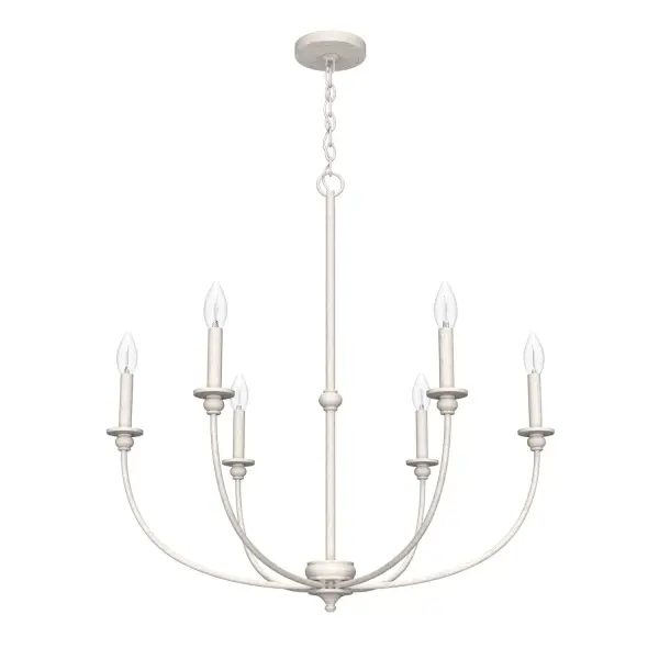 The Southcrest chandelier is an elegant accent piece that can brighten up any living or dining space. Classic design and cottage style converge in this candelabra-like chandelier with subtle curves and a vintage vibe. Available in flat matte black or distressed white, you can choose the fixture finish that perfectly complements your existing decor. Mix and match with other fixtures from this collection or from our ceiling fan designs. Rated for indoor use only Requires 6 E12 bulbs. Bulbs not included. CASUAL: Comfortable, inviting, laid-back. MADE FOR INDOORS: For use in indoor spaces like kitchens, bedrooms, living rooms, dining rooms, and entryways. BULB RECOMMENDATION: Maximum 60 W per light bulb or equivalent LED bulb. Bulbs not included. PICTURED HERE: Match our image using B10 Candle light bulbs. CUSTOMIZABLE HANGING OPTIONS: With the minimum required chain, the hanging length is 34 inches. When using all of the included chain, the maximum hanging length is 103.5 inches. WARRANTY: One-year limited warranty backed by the trusted experts at Hunter. - alternate view