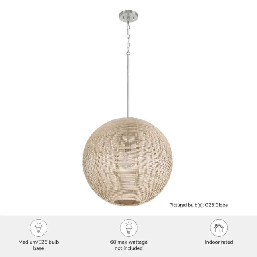 Berkeley Large Rattan Pendant Light in Brushed Nickel - Image 3
