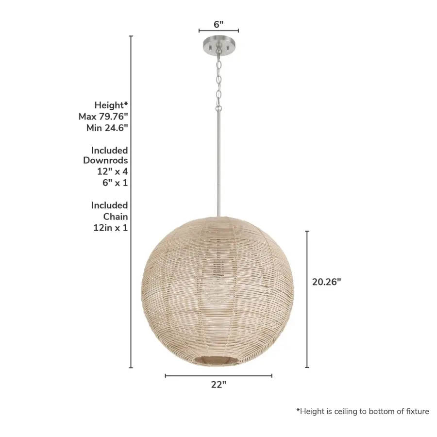 Berkeley Large Rattan Pendant Light in Brushed Nickel - Image 4