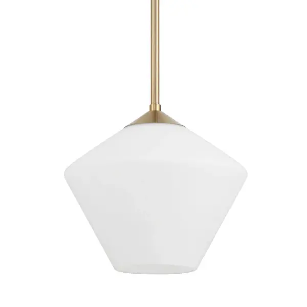 Create a captivating space with the Celestial Valley 1 Light Small Pendant, where modern design meets timeless elegance. Featuring a diamond glass silhouette and matte cased white glass shades, this pendant adds a touch of sophistication to any room. Perfect for hanging in multiples over a kitchen island or as a charming accent in a breakfast nook, the Celestial Valley pendant creates a warm, inviting ambiance. Its clean lines and versatile style make it a standout choice for both contemporary and classic interiors. Rated for Indoor use only. Striking diamond glass adds elegance and texture. Down Mount Only MODERN: Clean lines, minimal, natural. MADE FOR INDOORS: For use in indoor spaces like kitchens bedrooms, living rooms, dining rooms, and entryways. DIAMOND GLASS: Features a striking diamond glass design that adds depth, texture, and a touch of elegance to any space while enhancing light diffusion. BULB RECOMMENDATION: Maximum 60 W (E26) per light bulb or equivalent LED bulb. Bulbs not included. MODERN: The clean lines of the modern style uses a monochromatic color palette the inspires with clean lines, minimalism, natural materials, and natural light. CUSTOMIZABLE HANGING OPTIONS: With the minimum required cord, the hanging length is 17.75 inches. When using all of the included extensions, the maximum hanging length is 65.75 inches. WARRANTY: One-year limited warranty backed by the trusted experts at Hunter.
