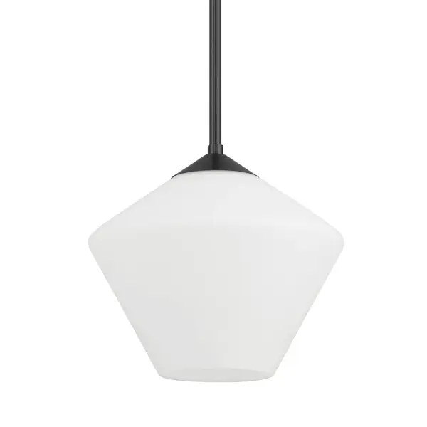 Create a captivating space with the Celestial Valley 1 Light Small Pendant, where modern design meets timeless elegance. Featuring a diamond glass silhouette and matte cased white glass shades, this pendant adds a touch of sophistication to any room. Perfect for hanging in multiples over a kitchen island or as a charming accent in a breakfast nook, the Celestial Valley pendant creates a warm, inviting ambiance. Its clean lines and versatile style make it a standout choice for both contemporary and classic interiors. Rated for Indoor use only. Striking diamond glass adds elegance and texture. Down Mount Only MODERN: Clean lines, minimal, natural. MADE FOR INDOORS: For use in indoor spaces like kitchens bedrooms, living rooms, dining rooms, and entryways. DIAMOND GLASS: Features a striking diamond glass design that adds depth, texture, and a touch of elegance to any space while enhancing light diffusion. BULB RECOMMENDATION: Maximum 60 W (E26) per light bulb or equivalent LED bulb. Bulbs not included. MODERN: The clean lines of the modern style uses a monochromatic color palette the inspires with clean lines, minimalism, natural materials, and natural light. CUSTOMIZABLE HANGING OPTIONS: With the minimum required cord, the hanging length is 17.75 inches. When using all of the included extensions, the maximum hanging length is 65.75 inches. WARRANTY: One-year limited warranty backed by the trusted experts at Hunter. - alternate view