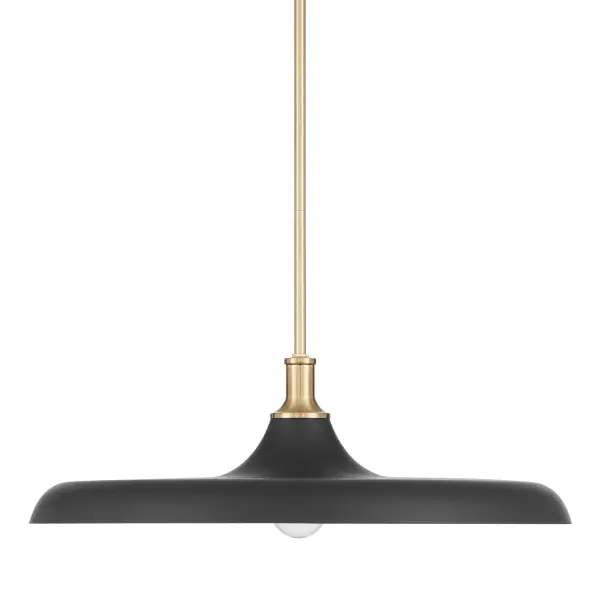 Get more light with the Moriso 1 Light Large 22 Inch Pendant, a bold yet refined fixture made for transitional spaces. Its wide, flat shade creates a dramatic silhouette, finished in black with a warm gold interior for rich contrast and visual warmth. The clean, minimal design blends effortlessly into both relaxed and modern settings. Pair it with a globe or decorative bulb to add personality and flair. Perfect for kitchens, dining areas, or entryways that call for standout lighting with timeless appeal. Rated for Indoor Use Only. Down Mount Only TRANSITIONAL: Light, relaxed, elegant. Contemporary flat-rim shade MADE FOR INDOORS: For use in indoor spaces like kitchens bedrooms, living rooms, dining rooms, and entryways. BULB RECOMMENDATION: Maximum 60 W (E26) per light bulb or equivalent LED bulb. Bulbs not included. TRANSITIONAL: The transitional style celebrates natural light and a relaxed feel with smooth, blending details that create warm yet modern spaces with the best of both worlds; elegant, minimal and adaptable. STRIKING SHADE DESIGN: The wide, flat rim creates a bold silhouette, finished in black with a warm gold interior for added contrast and elegance. DESIGNED TO SHINE: Looks especially striking with globe or decorative bulbs, adding extra flair and personality to your lighting style. CUSTOMIZABLE HANGING OPTIONS: With the minimum required cord, the hanging length is 15.8 inches. When using all of the included extensions, the maximum hanging length is 63.8 inches. WARRANTY: One-year limited warranty backed by the trusted experts at Hunter.