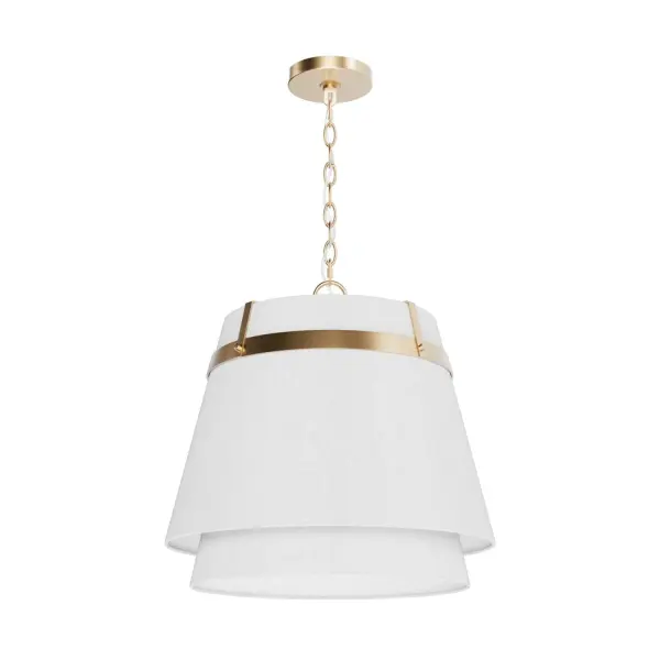 Add a touch of updated traditional style to your home with the Ada Lee 1 Light Large Pendant. This transitional fixture features fabric shades with sleek metal bands, creating a timeless yet modern look. The large size showcases a trending stacked shade design, perfect for making a statement over a kitchen island or dining table. With its versatile style and warm, inviting glow, the Ada Lee pendant complements a variety of interiors, bringing a polished and sophisticated touch to your favorite indoor spaces. Rated for Indoor use only. Stylish stacked shades accented with sleek metal bands add a modern touch. Down Mount Only TRANSITIONAL: Light, relaxed, elegant. MADE FOR INDOORS: For use in indoor spaces like kitchens bedrooms, living rooms, dining rooms, and entryways. FABRIC SHADES WITH METAL BANDS: Combines soft fabric shades with sleek metal bands, offering a balanced blend of warmth and modern style that complements a variety of interiors. TRENDING STACKED SHADES: Showcases a layered, stacked design that adds dimension and a contemporary flair to any space, keeping your d&amp;eacute:cor on trend. BULB RECOMMENDATION: Maximum 60 W (E26) per light bulb or equivalent LED bulb. Bulbs not included. TRANSITIONAL: The transitional style celebrates natural light and a relaxed feel with smooth, blending details that create warm yet modern spaces with the best of both worlds; elegant, minimal and adaptable. CUSTOMIZABLE HANGING OPTIONS: With the minimum required cord, the hanging length is 20.6 inches. When using all of the included extensions, the maximum hanging length is 93.5 inches. WARRANTY: One-year limited warranty backed by the trusted experts at Hunter.