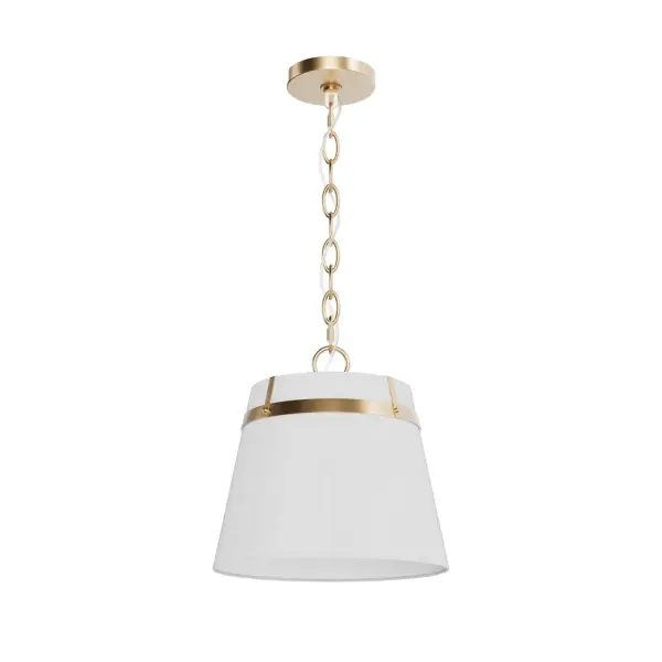 Bring timeless style into your home with the Ada Lee 1 Light Small Mini Pendant. This updated traditional fixture features a classic fabric shade accented with sleek metal bands, offering a perfect blend of elegance and modern appeal. Ideal for indoor use, this mini pendant shines beautifully over a kitchen island or adds a charming touch to a cozy dining nook. With its versatile design and warm glow, the Ada Lee pendant enhances any space with a polished and sophisticated ambiance. Rated for Indoor use only. Fabric shades accented with sleek metal bands. Down Mount Only TRANSITIONAL: Light, relaxed, elegant. MADE FOR INDOORS: For use in indoor spaces like kitchens bedrooms, living rooms, dining rooms, and entryways. FABRIC SHADES WITH METAL BANDS: Combines soft fabric shades with sleek metal bands, offering a balanced blend of warmth and modern style that complements a variety of interiors. BULB RECOMMENDATION: Maximum 60 W (E26) per light bulb or equivalent LED bulb. Bulbs not included. TRANSITIONAL: The transitional style celebrates natural light and a relaxed feel with smooth, blending details that create warm yet modern spaces with the best of both worlds; elegant, minimal and adaptable. CUSTOMIZABLE HANGING OPTIONS: With the minimum required cord, the hanging length is 13.5 inches. When using all of the included extensions, the maximum hanging length is 86.4 inches. WARRANTY: One-year limited warranty backed by the trusted experts at Hunter.