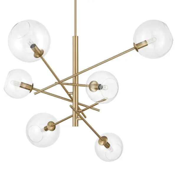 Frame your space with the Farling 6 Light Extra Large Chandelier, a modern masterpiece with a unique twist. Featuring adjustable arms, this versatile chandelier allows you to create multiple arm configurations to perfectly fit your space and style. The design showcases clear glass globe shades in two distinct sizes, adding depth and dimension to its clean, contemporary look. Ideal for dining rooms, living areas, or grand entryways, the Farling chandelier delivers brilliant light and a customizable aesthetic that transforms any room with its modern, dynamic presence. Rated for Indoor use only. Adjustable arms offer customizable configurations. Modern clear glass globes brighten any space. Two glass sizes add dimension and style. MADE FOR INDOORS: For use in indoor spaces like kitchens bedrooms, living rooms, dining rooms, and entryways. ADJUSTABLE ARMS: Create custom configurations and direct light where you need it with flexible, adjustable arms. CLEAR GLASS GLOBES: Modern, clear glass globes offer a bright, open feel with a sleek, contemporary look. DUAL GLASS SIZES: Features two globe sizes on the same fixture, adding dimension and dynamic style to any space. BULB RECOMMENDATION: Maximum 60 W per light bulb or equivalent LED bulb. Bulbs not included. TRANSITIONAL: The transitional style celebrates natural light and a relaxed feel with smooth, blending details that create warm yet modern spaces with the best of both worlds; elegant, minimal and adaptable. CUSTOMIZABLE HANGING OPTIONS: With the minimum required cord, the hanging length is 38.7 inches. When using all of the included extensions, the maximum hanging length is 86.8 inches. WARRANTY: One-year limited warranty backed by the trusted experts at Hunter.