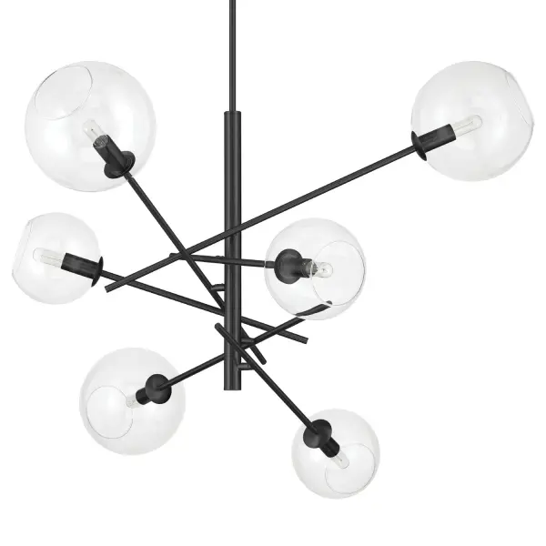 The Farling chandelier stands out with its unique adjustable arm design, allowing you to customize the configuration to fit your space. Clear glass globes in two sizes add visual interest while the matte black finish provides modern sophistication.