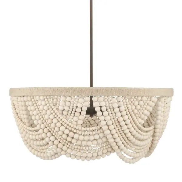 Add the warmth of the Autumndale 6 Light Medium 28 Inch Chandelier to your dining room or large table setting, where organic materials meet timeless design. Draping strands of wood beads create layered texture and artisan charm, while natural wood tones and twine-wrapped metal accents add a grounded, relaxed aesthetic. The transitional silhouette blends minimal elegance with a soft, modern feel—perfect for spaces that need a touch of nature-inspired sophistication. It's an effortless way to elevate your everyday lighting. Rated for Indoor Use Only. Organic Modern Design. Cascading strands of wood beads MADE FOR INDOORS: For use in indoor spaces like kitchens bedrooms, living rooms, dining rooms, and entryways. BULB RECOMMENDATION: Maximum 60 W (E26) per light bulb or equivalent LED bulb. Bulbs not included. TRANSITIONAL: The transitional style celebrates natural light and a relaxed feel with smooth, blending details that create warm yet organic modern spaces with the best of both worlds; elegant, minimal and adaptable. TEXTURAL DETAIL: Draping strands of wood beads bring layered texture and artisan charm to your space. ORGANIC MODERN STYLE: Natural wood tones and twine-wrapped metal elements offer a grounded, relaxed aesthetic with a refined edge. CUSTOMIZABLE HANGING OPTIONS: With the minimum required rod, the hanging length is 21 inches. When using all of the included extensions, the maximum hanging length is 69 inches. WARRANTY: One-year limited warranty backed by the trusted experts at Hunter.