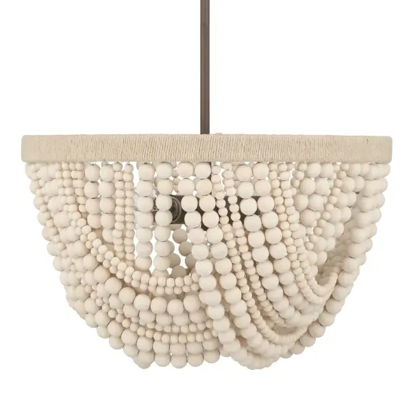 Add warmth and texture to your space with the Autumndale 4 Light Pendant. Draping natural wood-colored beads pair beautifully with twine-wrapped metal for an earthy, handcrafted feel. Its organic modern design blends clean lines with natural materials, creating a grounded yet refined focal point. The layered textures and soft finish make this pendant a standout in dining rooms, entryways, or open living spaces—perfect for elevating your look with a fresh take on modern style. Rated for Indoor use only. Down Mount Only ORGANIC MODERN: Natural textures with a modern edge. Includes (4) 12 inch stems and (1) 6 inch stems. MADE FOR INDOORS: For use in indoor spaces like kitchens bedrooms, living rooms, dining rooms, and entryways. BULB RECOMMENDATION: Maximum 60 W per light bulb or equivalent LED bulb. Bulbs not included. NATURAL DETAILING: Draping natural wood-colored beads add a touch of earthy texture, creating a look that's both grounded and refined. ORGANIC MODERN: The perfect balance of raw materials and clean lines—this style brings natural elements into modern spaces with ease. TEXTURAL CONTRAST: Twine-wrapped metal introduces handcrafted warmth and layered detail for a unique take on modern design. CUSTOMIZABLE HANGING OPTIONS: With the minimum required cord, the hanging length is 21.25 inches. When using all of the included extensions, the maximum hanging length is 69.25 inches. WARRANTY: One-year limited warranty backed by the trusted experts at Hunter.