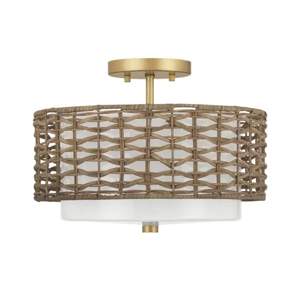 Liven up your space with the Laila 2 Light Large Semi Flush, where natural texture meets transitional design. This fixture features cased white glass surrounded by an open weave rattan pattern, offering a perfect blend of organic warmth and modern elegance. The semi-flush design brings an airy, welcoming ambiance to any room, enhancing both contemporary and classic interiors. Ideal for living spaces, bedrooms, or entryways, the Laila light delivers a fresh and sophisticated look with just the right touch of woven style. Rated for Indoor use only. Handwoven open weave rattan adds natural texture. Down Mount Only TRANSITIONAL: Light, relaxed, elegant. MADE FOR INDOORS: For use in indoor spaces like kitchens bedrooms, living rooms, dining rooms, and entryways. HANDWOVEN RATTAN WEAVE: Handwoven open weave rattan pattern creates a natural, airy look that adds texture and warmth to any space while allowing light to shine through beautifully. BULB RECOMMENDATION: Maximum 60 W (E26) per light bulb or equivalent LED bulb. Bulbs not included. TRANSITIONAL: The transitional style celebrates natural light and a relaxed feel with smooth, blending details that create warm yet modern spaces with the best of both worlds; elegant, minimal and adaptable. FITS YOUR CEILING: Measures 9.72 high, while the length and width is 13.9 inches. WARRANTY: One-year limited warranty backed by the trusted experts at Hunter.