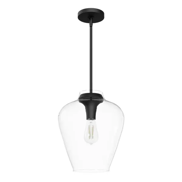 Vitalize your space with the Vidria 1 Light Pendant, a perfect blend of modern style and timeless simplicity. Designed for indoor spaces like kitchens, bedrooms, and dining rooms, its clean lines and minimalistic design bring effortless elegance to any room. With a 60W bulb capacity or equivalent LED, the Vidria enhances your home with natural light and contemporary charm. Perfect for creating a bright and welcoming atmosphere with modern sophistication. Rated for Indoor use only. Bulb included, ST64 5W Clear, 500 Lumens, 3000K, CRI 90, dimmable Down Mount Only MODERN: Clean lines, minimal, natural. MADE FOR INDOORS: For use in indoor spaces like kitchens, bedrooms, living rooms, dining rooms, and entryways. BULB RECOMMENDATION: Maximum 60 W per light bulb or equivalent LED bulb. Bulbs included. MODERN: The clean lines of the modern style uses a monochromatic color palette the inspires with clean lines, minimalism, natural materials, and natural light. CUSTOMIZABLE HANGING OPTIONS: With the minimum required cord, the hanging length is 23.25 inches. When using all of the included extensions, the maximum hanging length is 59.25 inches. WARRANTY: One-year limited warranty backed by the trusted experts at Hunter.