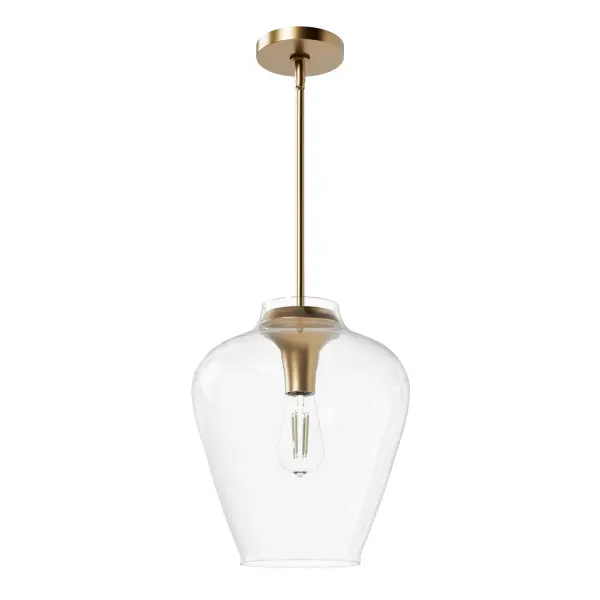 The Vidria pendant combines clean lines with warm Alturas Gold finish and clear glass for effortless modern elegance. Its compact 12-inch size makes it ideal for kitchen islands, dining nooks, or bedroom task lighting.