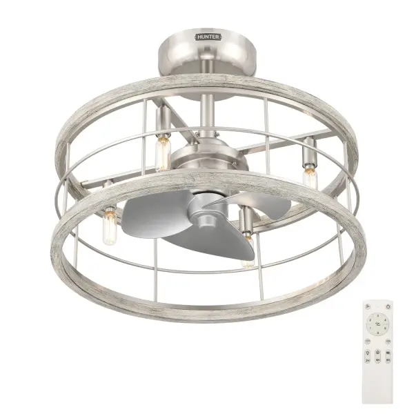 Breathe new life into small spaces with the Bridgette Fandelier from Hunter. Perfect for design-savvy shoppers, this multi-functional fixture beautifully unites brilliant lighting and powerful air circulation—maximizing style without sacrificing space. Energy-efficient and space-saving, the Bridgette Fandelier brings comfort and sophistication to modern interiors with its refined aesthetic. Discover how Hunter's innovative fan-light designs blend elegance and performance, transforming your home into a space that's uniquely yours. Built with our SureSpeed® Guarantee to deliver faster airflow you can feel. Sleek, space-saving design combines cooling airflow and bright light. Breeze Mode mimics natural wind patterns for added indoor comfort. Six-speed remote puts airflow and lighting at your fingertips. AIRFLOW YOU FEEL: Built with our SureSpeed® Guarantee, this fan delivers high airflow velocity while maintaining quiet, wobble-free performance. QUICK SETUP: Built as a complete fixture, this model is not compatible with Hunter accessory. FLAT CEILING COMPATIBLE: Installs easily on flat ceilings up to 8 feet high — not compatible with angled or sloped ceilings. VERSATILE AESTHETIC: Pairs beautifully with modern, industrial, and farmhouse decor — perfect for bedrooms, offices, and cozy living spaces. TWO-IN-ONE FUNCTIONALITY: Enjoy powerful airflow and room-brightening light in one stylish fixture. SECURITY MODE: Automatically turns lights on every 2 hours to give the appearance that someone's home—2, 4, or 8-hour timer settings to power down for energy savings. BREEZE MODE: Simulates the ebb and flow of a natural breeze—so you can fine-tune your comfort from gentle to powerful, just the way you like it. REMOTE INCLUDED: Adjust fan speeds, lighting, Breeze Mode, and timer settings with the included remote. DIMMABLE LIGHTING: Customize the room's ambiance with dimmable light for every function and mood. ELEVATED LOOK IN A COMPACT SIZE: This small-space fandelier delivers designer style and efficient functionality in one chic package. DEPENDABLE WARRANTY: Backed by a two-year limited warranty from Hunter — a trusted name in ceiling comfort for over 140 years. *Based on testing conducted January 2023 comparing the average high-speed airflow velocity of Hunter SureSpeed ceiling fans and the best-selling online models for leading competitors. - alternate view
