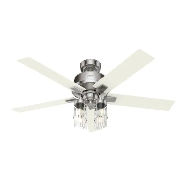 The Crystalline chandelier inspired ceiling fan features a glamorous light fixture with textured glass that is sure to make a statement in your large, indoor spaces like bedrooms, entry ways, and living rooms. Featuring Hunter's exclusive SureSpeed® Guarantee, this high-velocity fan delivers airflow optimized for ultimate high-speed cooling. Built with our SureSpeed® Guarantee to deliver faster airflow you can feel WhisperWind® whisper-quiet motor. Rated for indoor use only 4 bulbs included AIRFLOW YOU FEEL: Built with our SureSpeed® Guarantee to deliver over 33% higher air velocity than leading competitors* while maintaining quiet, wobble-free performance. WHISPER-QUIET MOTOR: 3-speed, WhisperWind® reversible motor for optimal performance in summer and winter. INDOOR FANS: Great for bedrooms, offices and great rooms. Make sure you get the right size for the best cooling efficiency. LIGHT OUTPUT: Provides ambient, warm light. LARGE ROOM FAN: Ideal size for spaces like living rooms and bedrooms. STANDARD PROFILE MOUNTING: 3 inch and 2 inch downrods included. 140 YEARS OF QUALITY: Cutting-edge technology, American engineered, and ETL/UL tested for the highest safety standards — All backed by a limited lifetime motor warranty for peace of mind. COMPATIBLE ACCESSORIES: Works with Hunter and Casablanca accessories, not including Hunter Original® accessories. WARRANTY: Limited Lifetime Motor Warranty backed by the only company with over 140 years in the fan business. *Based on testing conducted January 2023 comparing the average high-speed airflow velocity of Hunter SureSpeed ceiling fans and the best-selling online models for leading competitors.